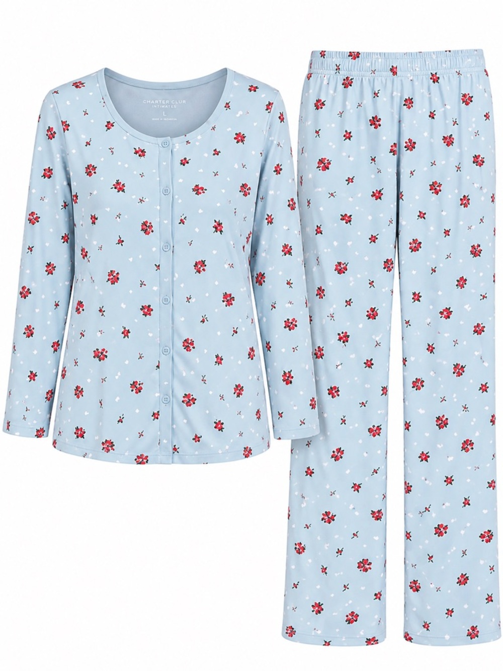 NWOT - Charter Club Light Blue Pajama Set with Red Floral Print | Size Large